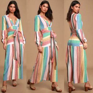 BILLABONG Women's S Maxi Festival Dress Linen Blend Rainbow Striped FREE PURSE